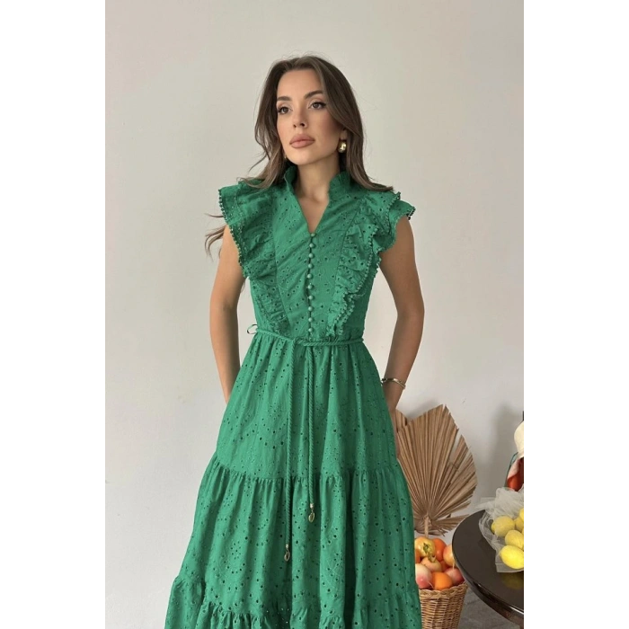 Zümrüt Fırfırlı Düğmeli Elbise