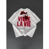 Baskılı Oversize Bisiklet Yaka Tshirt  Beyaz