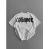 Baskılı Oversize Bisiklet Yaka Tshirt  Beyaz