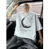Baskılı Oversize Bisiklet Yaka Tshirt  Beyaz