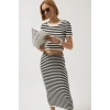 Çizgili Midi Dokulu Etek