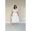 Ekru Göğüs Kup Detaylı Kemerli Brode Elbise