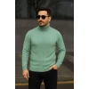 Erkek Balıkcı Yaka Bağazlı Triko Kazak Pamuklu Kalın Fitilli Dokuma, Regular Fit Uzun Kollu Kışlık odel  int Yeşili