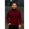 Erkek Balıkcı Yaka Bağazlı Triko Kazak Pamuklu Kalın Fitilli Dokuma, Regular Fit Uzun Kollu Kışlık odel  Bordo