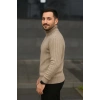 Erkek Balıkcı Yaka Bağazlı Triko Kazak Pamuklu Kalın Fitilli Dokuma, Regular Fit Uzun Kollu Kışlık odel  Bej