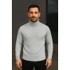 Erkek Balıkcı Yaka Bağazlı Triko Kazak Pamuklu Kalın Fitilli Dokuma, Regular Fit Uzun Kollu Kışlık odel  Gri