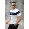 Erkek Fermuar Yakalı şerit Renk Desenli Kısa Kollu Tişört