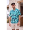 Erkek Palmiye Desenli Yarım Oversize Kısa Kollu Hawai Gömlek