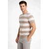 Erkek Tshirt Çizgili Triko Dokuma Bisiklet Yaka Tişört  Bej