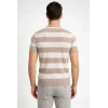 Erkek Tshirt Çizgili Triko Dokuma Bisiklet Yaka Tişört  Bej