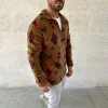 Erkek Yarım Fermuarlı Desenli Polar weat Tribal Etnik Desen Yakalı, Uzun Kollu, Oversize Rahat Kalıp,  Kahverengi