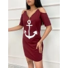Fermuar Detay çıpa Baskılı Zincir Askılı Iki Iplik Elbise  Bordo