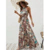 Kadın Halter Yakalı Omuzlardan Açık Kuşaklı Maksi Boy Desenli Süprem Elbise