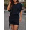 Kadın Kısa Kollu Bisiklet Yaka Yanlardan Büzgülü Kısa Viskon Elbise