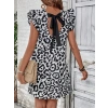 Kadın Kısa Kollu Kolları Fırfır Detay Arkası Bağlamalı Leopar Desen Kolsuz Mini Mikro Elbise
