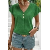 Kadın Kısa Kollu V Yakalı Düğmeli Keten Bluz