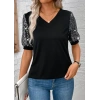 Kadın Kısa Kollu V Yakalı Pul Payet Detaylı Viskon Bluz