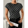Kadın Kısa Yarasa Kollu Bisiklet Yaka çizgi Desenli Atlas Bluz