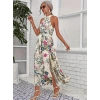 Kadın Omuzlardan Açık Halter Yakalı Yırtmaçlı çiçek Desenli Süprem Elbise