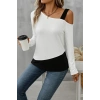 Kadın Tek Omuzu Açık Askılı çift Renkli Uzun Kollu Viskon Bluz