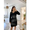 Kadın Uzun Kollu Asimetrik Yaka Süet Ve Deri Mini Boy Elbise