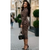 Kadın Uzun Kollu Balıkçı Yaka eopar Desenli idi Boy Elbise