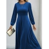 Kadın Uzun Kollu Bisiklet Yaka Midi Kadife Mavi Elbise