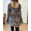 Kadın Uzun Kollu Kayık Yaka Leopar Baskılı Mini Elbise