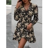 Kadın Uzun Kollu Kruvaze Yaka Beli Gipeli çiçek Desenli Kısa Dalgıç Elbise