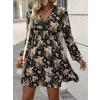 Kadın Uzun Kollu Kruvaze Yaka Beli Gipeli çiçek Desenli Kısa Dalgıç Elbise