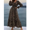 Kadın Uzun Kollu Kruvaze Yaka Leopar Desenli Uzun Süprem Elbise