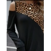 Kadın Uzun Kollu Omuzdan Açık Leopar Desenli Viskon Iki Iplik Mini Elbise