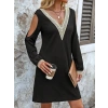 Kadın Uzun Kollu Omuzdan Açık V Dantel Yakalı Mini Waffle Elbise