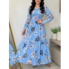 Kadın Uzun Kollu V Yakalı çiçek Desenli Maxi Süprem Elbise