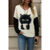 Kadın Uzun Kollu V Yakalı Kedi Baskılı şardonlu Dalgıç Bluz
