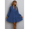 Kadın Uzun Kollu Yakadan Bağcıklı Fırfırlı Keten Mini Elbise