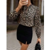 Kadın Uzun Kollu Yakadan Bağcıklı Leopar Desenli Süprem Bluz