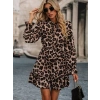 Kadın Uzun Kollu Yakadan Bağcıklı Modal Leopar Desenli Mini Elbise