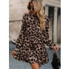 Kadın Uzun Kollu Yakadan Bağcıklı Modal Leopar Desenli Mini Elbise