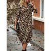 Kadın Uzun Kollu Yakalı önden Düğmeli Leopar Desenli Modal Midi Elbise
