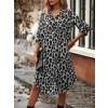 Kadın Uzun Kollu Yakalı önden Düğmeli Leopar Desenli Modal Midi Elbise