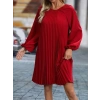 Kadın Uzun Kollu Yuvarlak Yaka Pileli Salaş Mini Ithal Krep Elbise