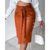 Kadın Yüksek Bel Kuşaklı Yanlardan Düğmeli Mini Deri Etek