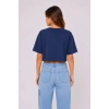 Kedi Baskılı Oversize Crop Tişört alaş Basic Yarım Kol Tshirt  acivert