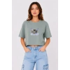Kedi Baskılı Oversize Crop Tişört alaş Basic Yarım Kol Tshirt  int Yeşili