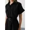 Kuşaklı Cep Detaylı Yarım Kol Elbise  Siyah