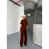 Osy odal Yumuşak Dokulu Kumaş Kısa Kollu Bluz Rahat Pantalon Ikili Takım Kahverengi