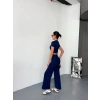 Osy odal Yumuşak Dokulu Kumaş Kısa Kollu Crop Alt Ispanyol Paça Pantalon Ikili Takım  acivert