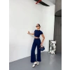 Osy odal Yumuşak Dokulu Kumaş Kısa Kollu Crop Alt Ispanyol Paça Pantalon Ikili Takım  acivert