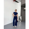 Osy odal Yumuşak Dokulu Kumaş Kısa Kollu Crop Alt Ispanyol Paça Pantalon Ikili Takım  acivert